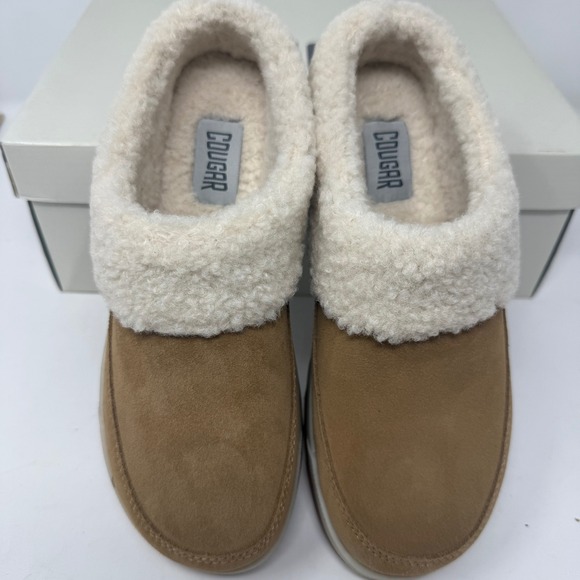 Cougar Shoes - Cougar Liliana Camel Suede Mule Slippers Tan Faux Shearling Womens 6 NEW